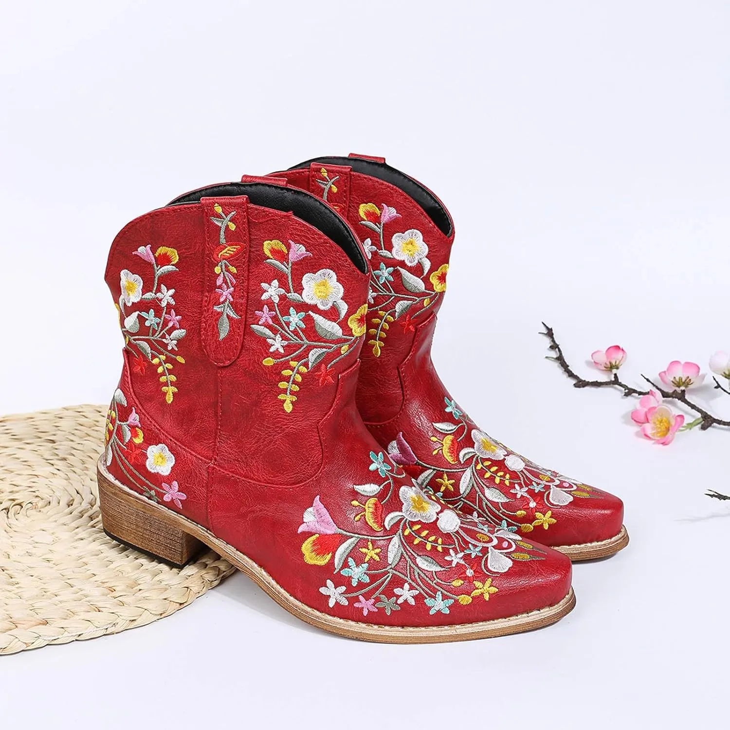 Cathalem Cowboy Boots for Women,Women Flower Embroidered Ankle Cowgirl Boots Western Boots Chunky Heel Pull On Short Boots