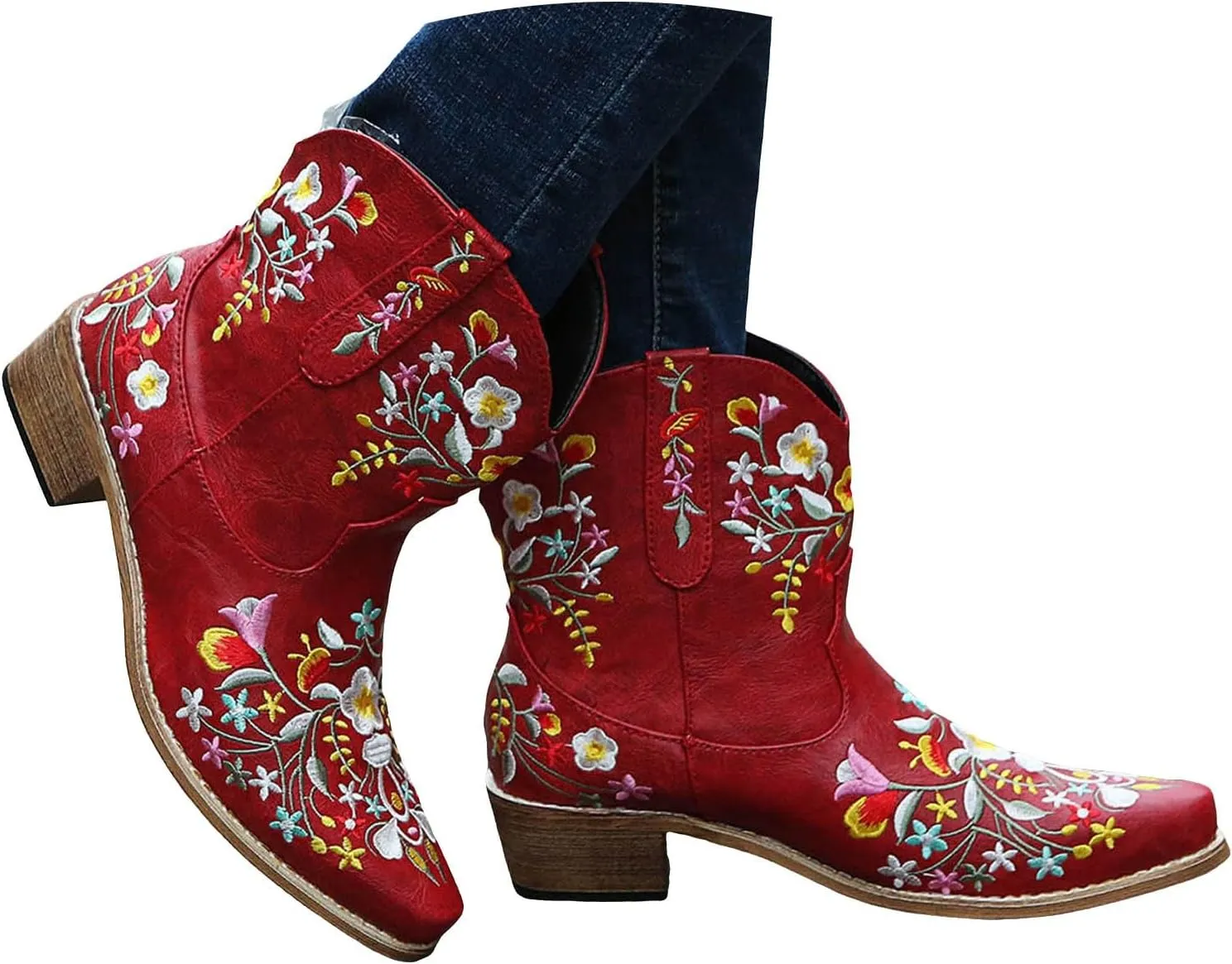 Cathalem Cowboy Boots for Women,Women Flower Embroidered Ankle Cowgirl Boots Western Boots Chunky Heel Pull On Short Boots