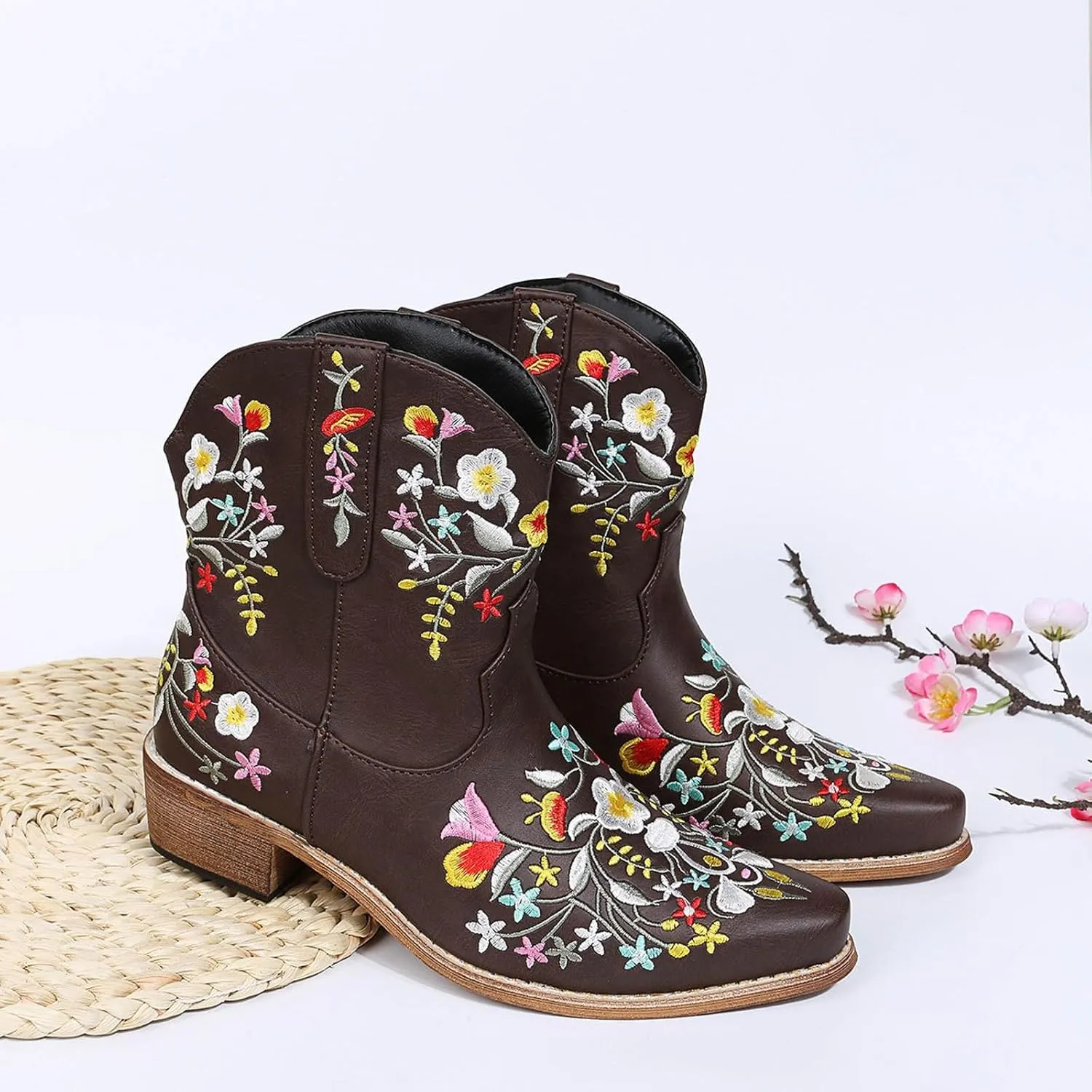 Cathalem Cowboy Boots for Women,Women Flower Embroidered Ankle Cowgirl Boots Western Boots Chunky Heel Pull On Short Boots