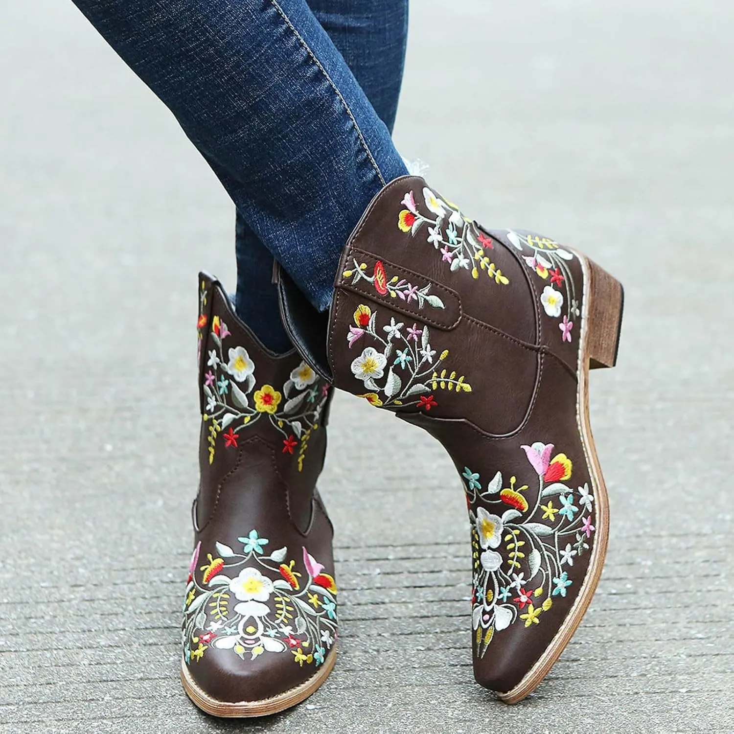 Cathalem Cowboy Boots for Women,Women Flower Embroidered Ankle Cowgirl Boots Western Boots Chunky Heel Pull On Short Boots