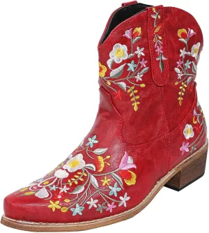 Cathalem Cowboy Boots for Women,Women Flower Embroidered Ankle Cowgirl Boots Western Boots Chunky Heel Pull On Short Boots