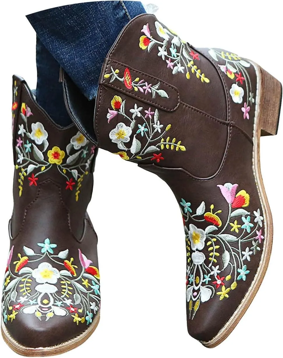 Cathalem Cowboy Boots for Women,Women Flower Embroidered Ankle Cowgirl Boots Western Boots Chunky Heel Pull On Short Boots