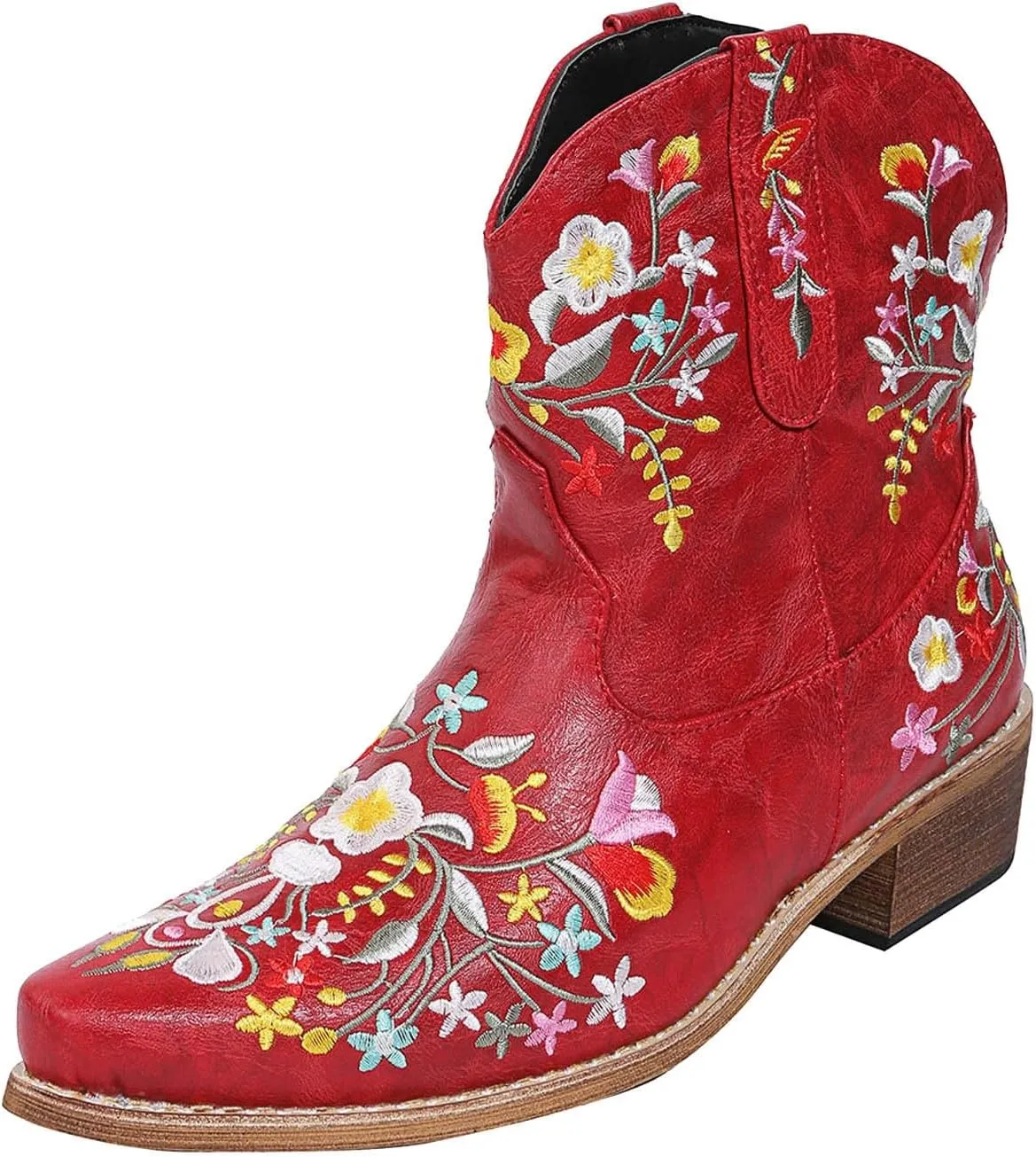 Cathalem Cowboy Boots for Women,Women Flower Embroidered Ankle Cowgirl Boots Western Boots Chunky Heel Pull On Short Boots