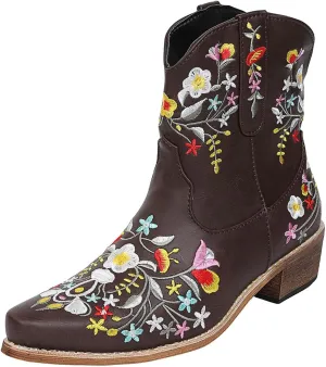 Cathalem Cowgirl Boots for Women Square Toe Western Boots Chunky Heel Short Boots Flower Embroidered Ankle Cowboy Boots