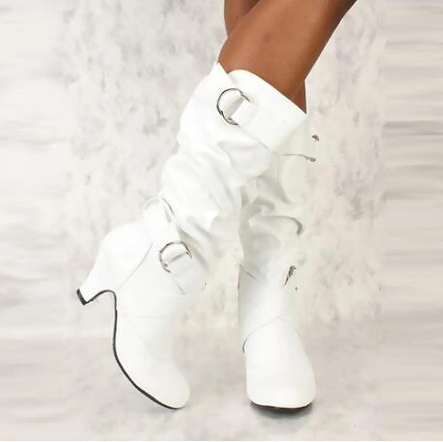 Cathalem Knee High Boots for Women - Sexy Mid Calf Dressy Trendy Round Toe High Heel Boots with Zipper