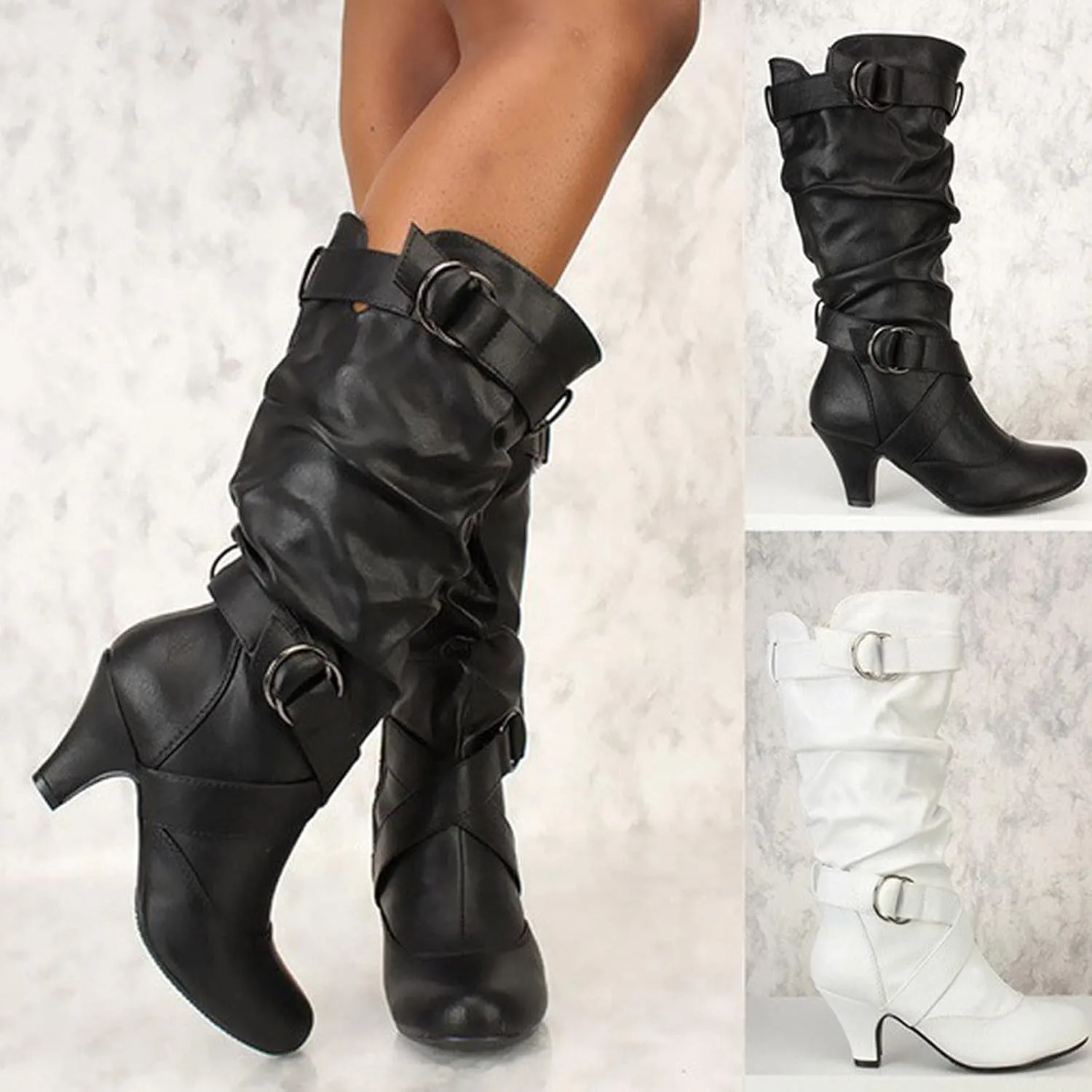 Cathalem Knee High Boots for Women - Sexy Mid Calf Dressy Trendy Round Toe High Heel Boots with Zipper