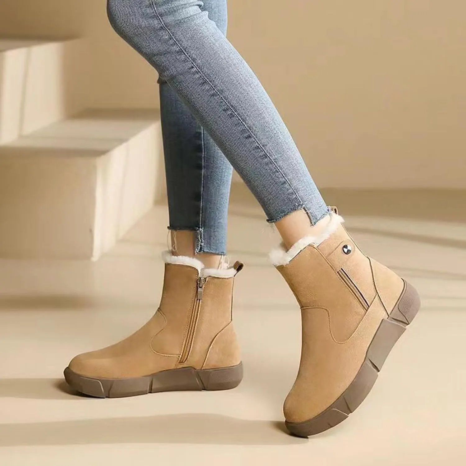 Cathalem Snow Boots Women, Women's Winter Fashion Thickened Wool Snow Boots Leather And Fleece Warm Non Slip Boots Womens