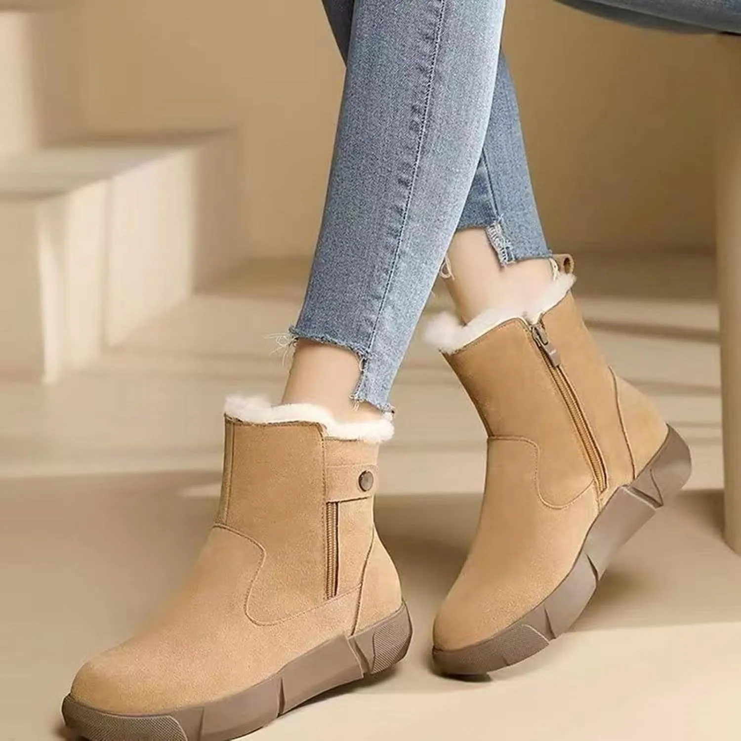 Cathalem Snow Boots Women, Women's Winter Fashion Thickened Wool Snow Boots Leather And Fleece Warm Non Slip Boots Womens