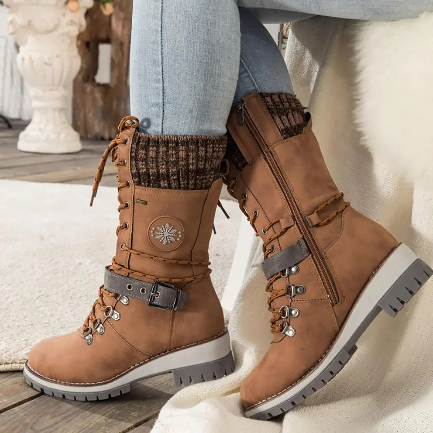 Cathalem Waterproof Winter Snow Boots for Women Insulated-Warm Fur-Lined Booties Lightweight Comfortable Casual Boots Cushion Outdoor Walking Boots Slip-Resistant Anti-Slip Leather Boots