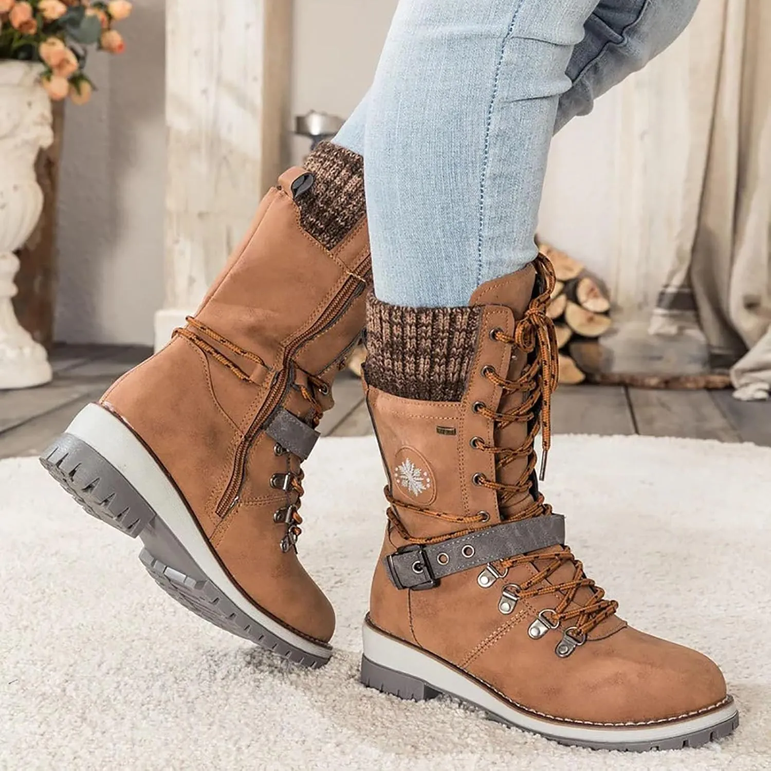 Cathalem Waterproof Winter Snow Boots for Women Insulated-Warm Fur-Lined Booties Lightweight Comfortable Casual Boots Cushion Outdoor Walking Boots Slip-Resistant Anti-Slip Leather Boots