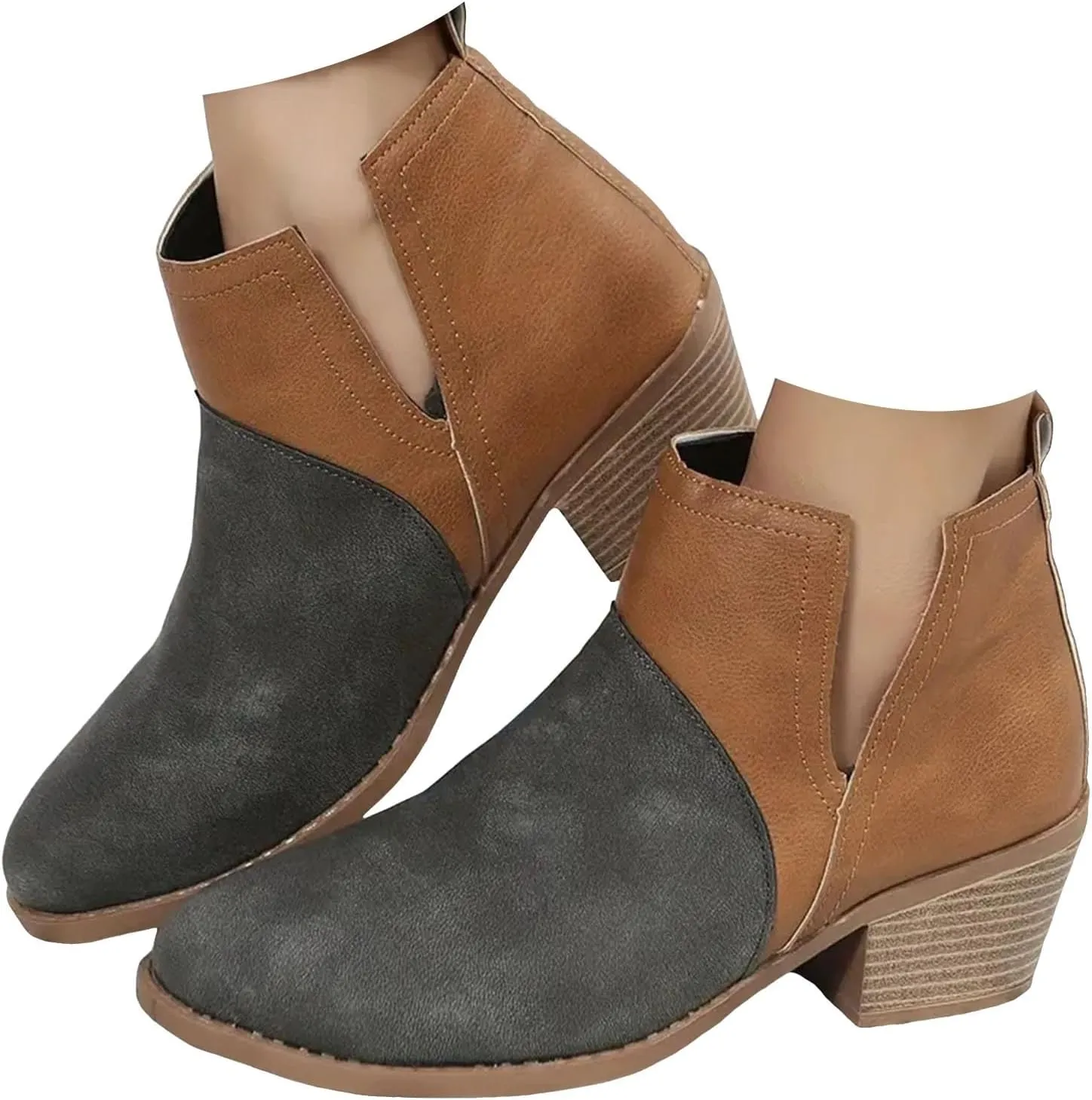 Cathalem Womens Ankle Boots, Ankle Booties for Women V Cut Slip on Ankle Boots Chunky Pointed Toe Cutout Low Heel Shoes