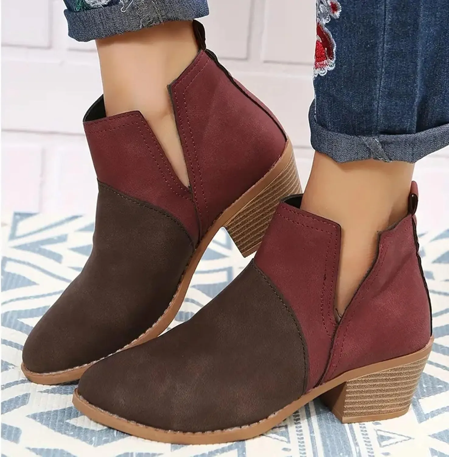 Cathalem Womens Ankle Boots, Ankle Booties for Women V Cut Slip on Ankle Boots Chunky Pointed Toe Cutout Low Heel Shoes
