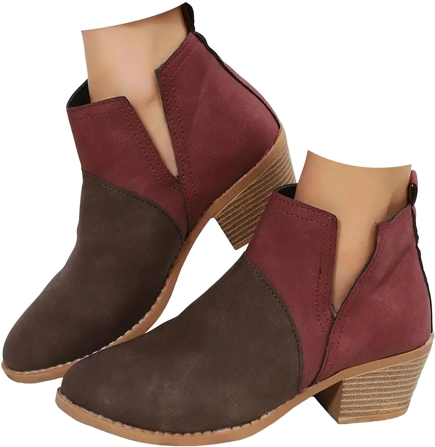 Cathalem Womens Ankle Boots, Ankle Booties for Women V Cut Slip on Ankle Boots Chunky Pointed Toe Cutout Low Heel Shoes