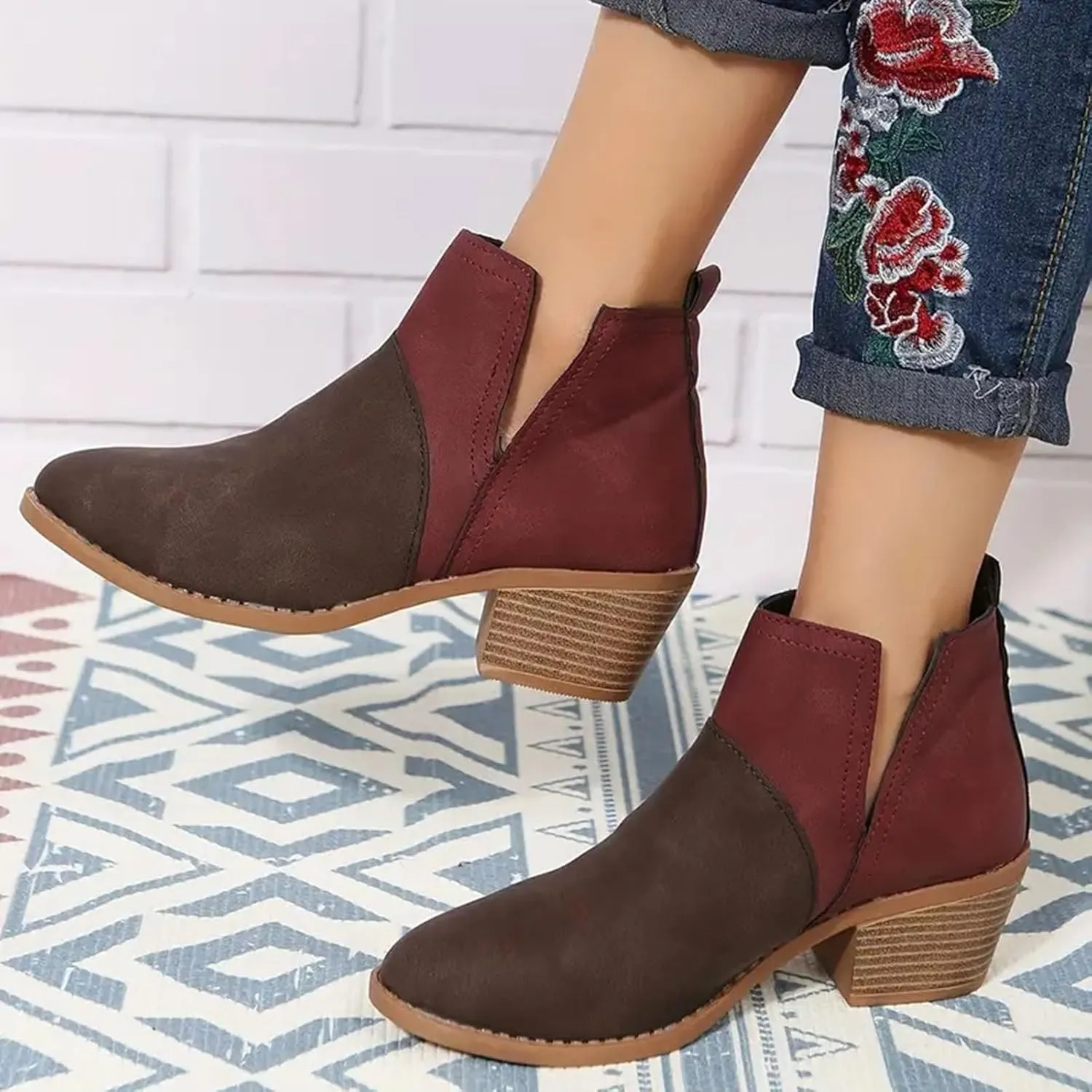 Cathalem Womens Ankle Boots, Ankle Booties for Women V Cut Slip on Ankle Boots Chunky Pointed Toe Cutout Low Heel Shoes
