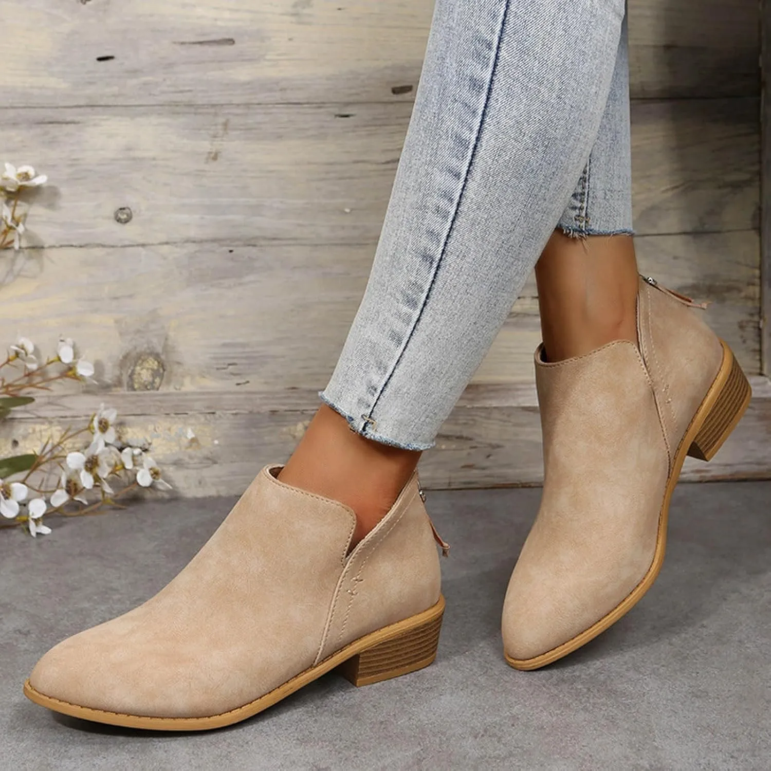 Cathalem Women's Ankle Boots Chunky Cutout Heel Pointed Toe Short Booties Shoes Ankle Booties Vintage Slip On Flat Short Boots Ladies Fashion Low Heel Boot Womens Casual Shoes