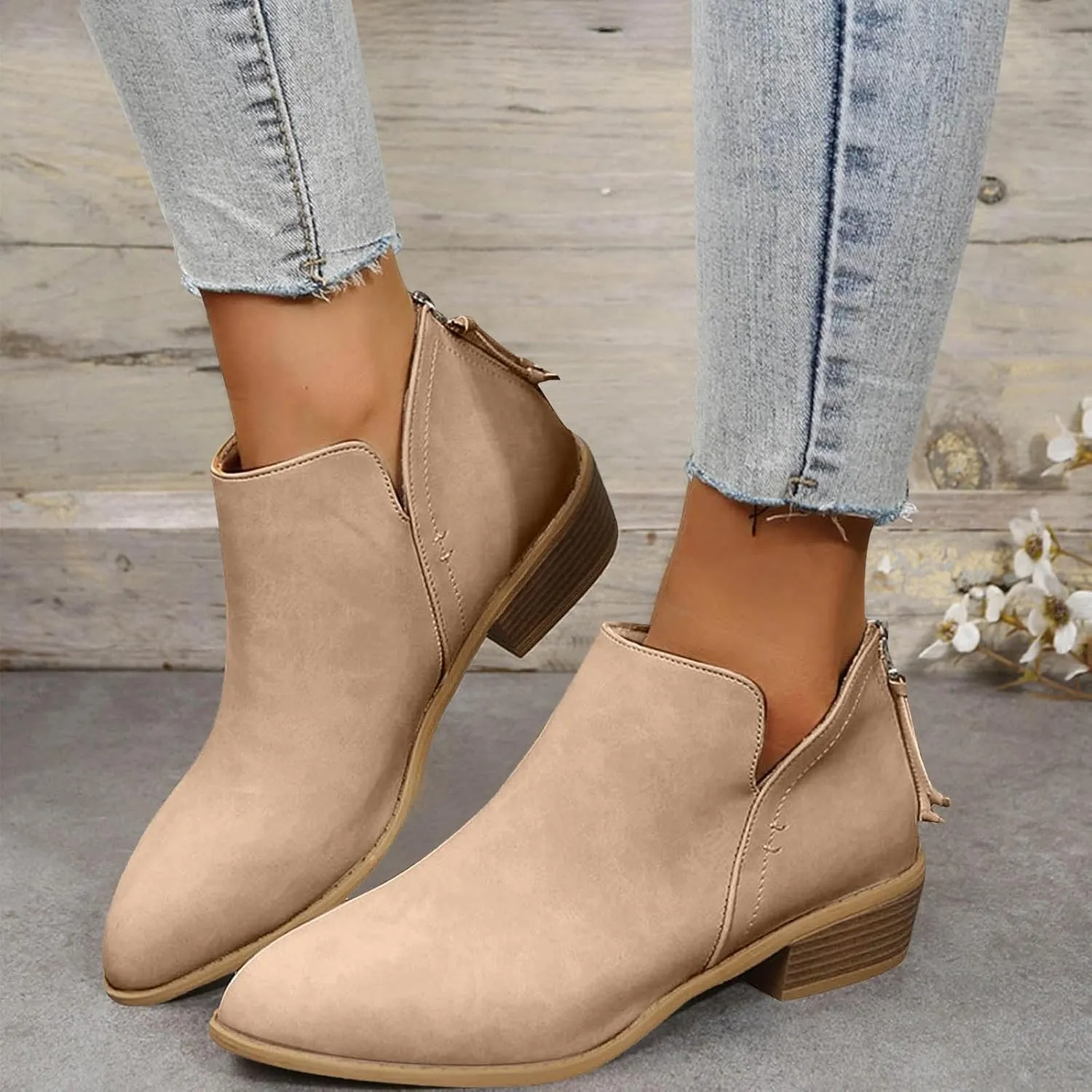 Cathalem Women's Ankle Boots Chunky Cutout Heel Pointed Toe Short Booties Shoes Ankle Booties Vintage Slip On Flat Short Boots Ladies Fashion Low Heel Boot Womens Casual Shoes