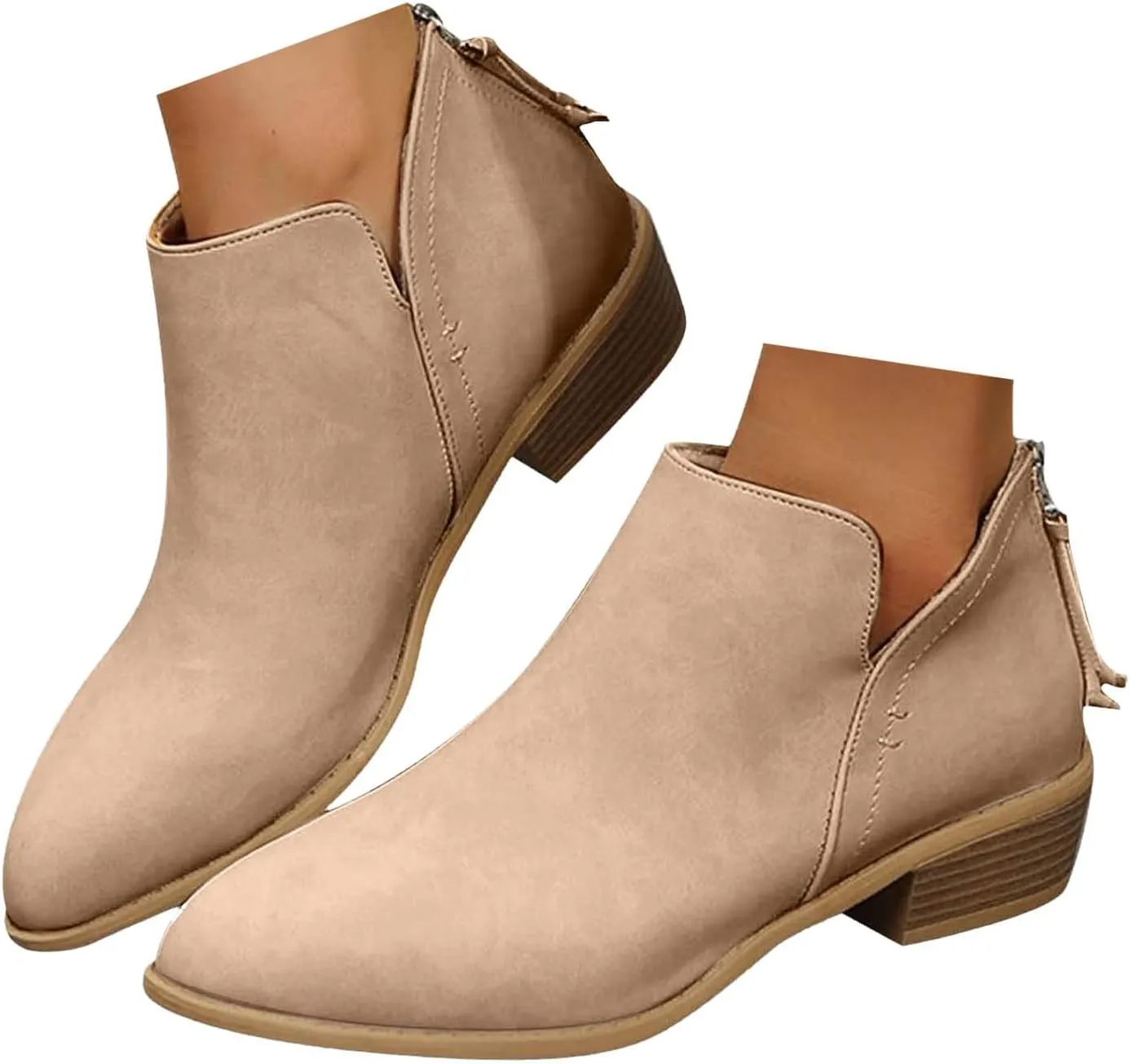 Cathalem Women's Ankle Boots Chunky Cutout Heel Pointed Toe Short Booties Shoes Ankle Booties Vintage Slip On Flat Short Boots Ladies Fashion Low Heel Boot Womens Casual Shoes