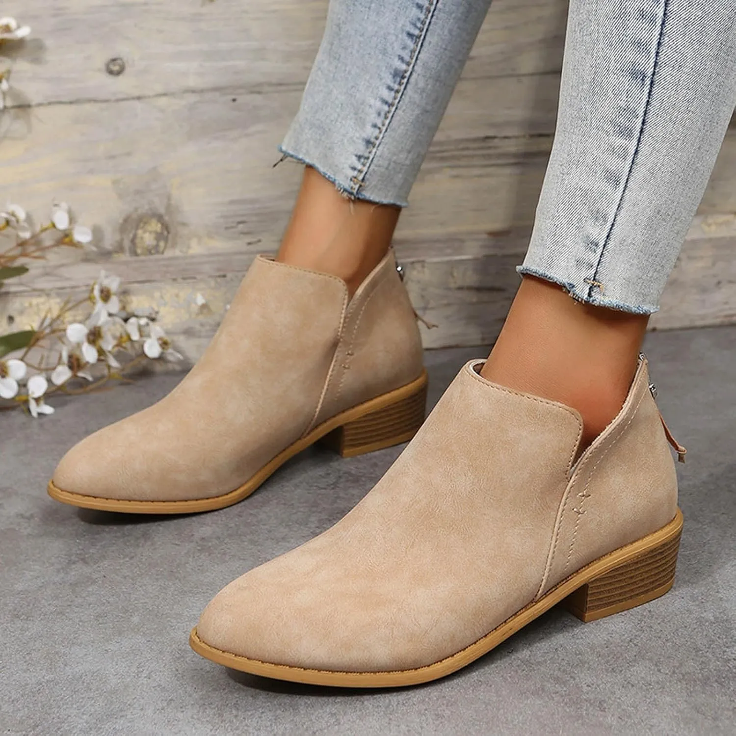 Cathalem Women's Ankle Boots Chunky Cutout Heel Pointed Toe Short Booties Shoes Ankle Booties Vintage Slip On Flat Short Boots Ladies Fashion Low Heel Boot Womens Casual Shoes
