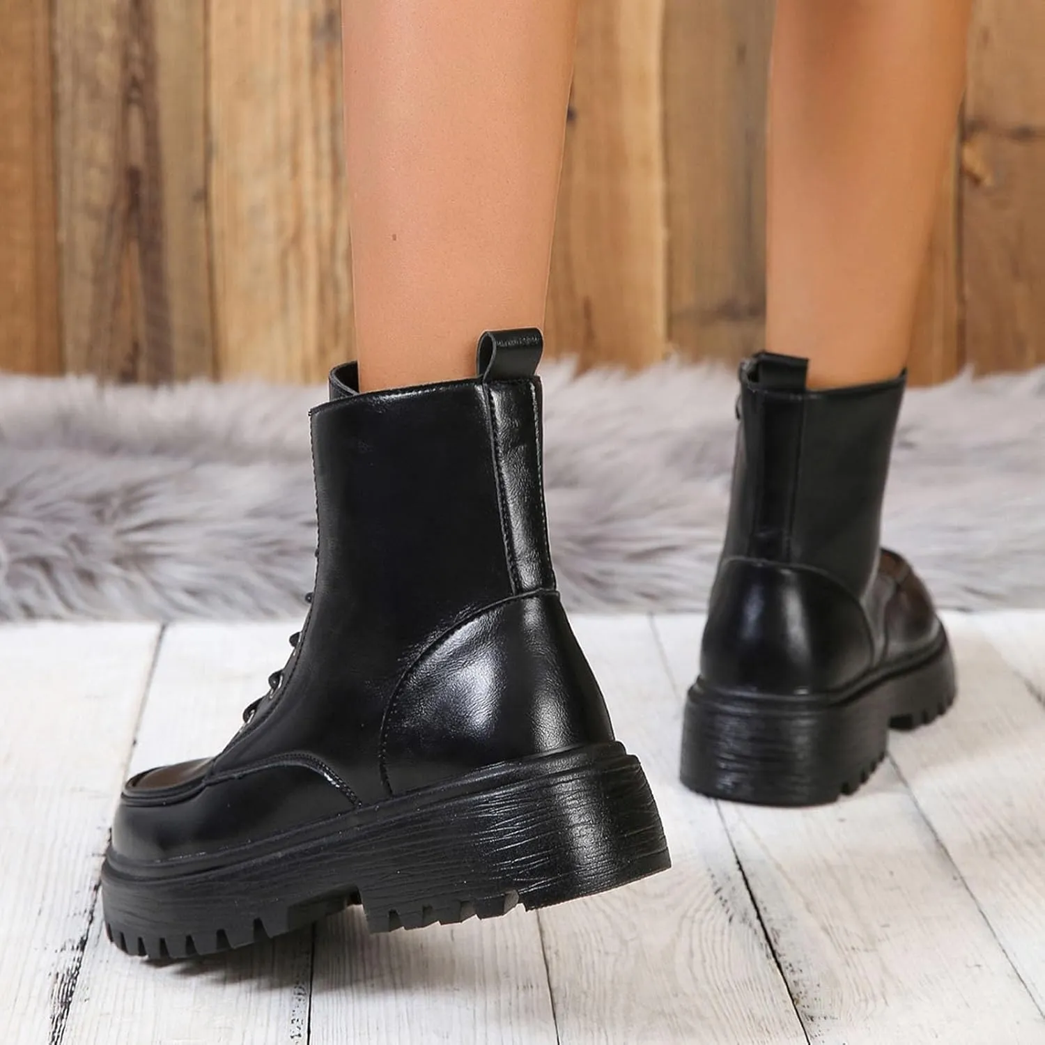 Cathalem Women's Combat Boots Ankle Boots Classic Low Heel Womens Motorcycle Boots Zippers Lace up Combat Booties for Women