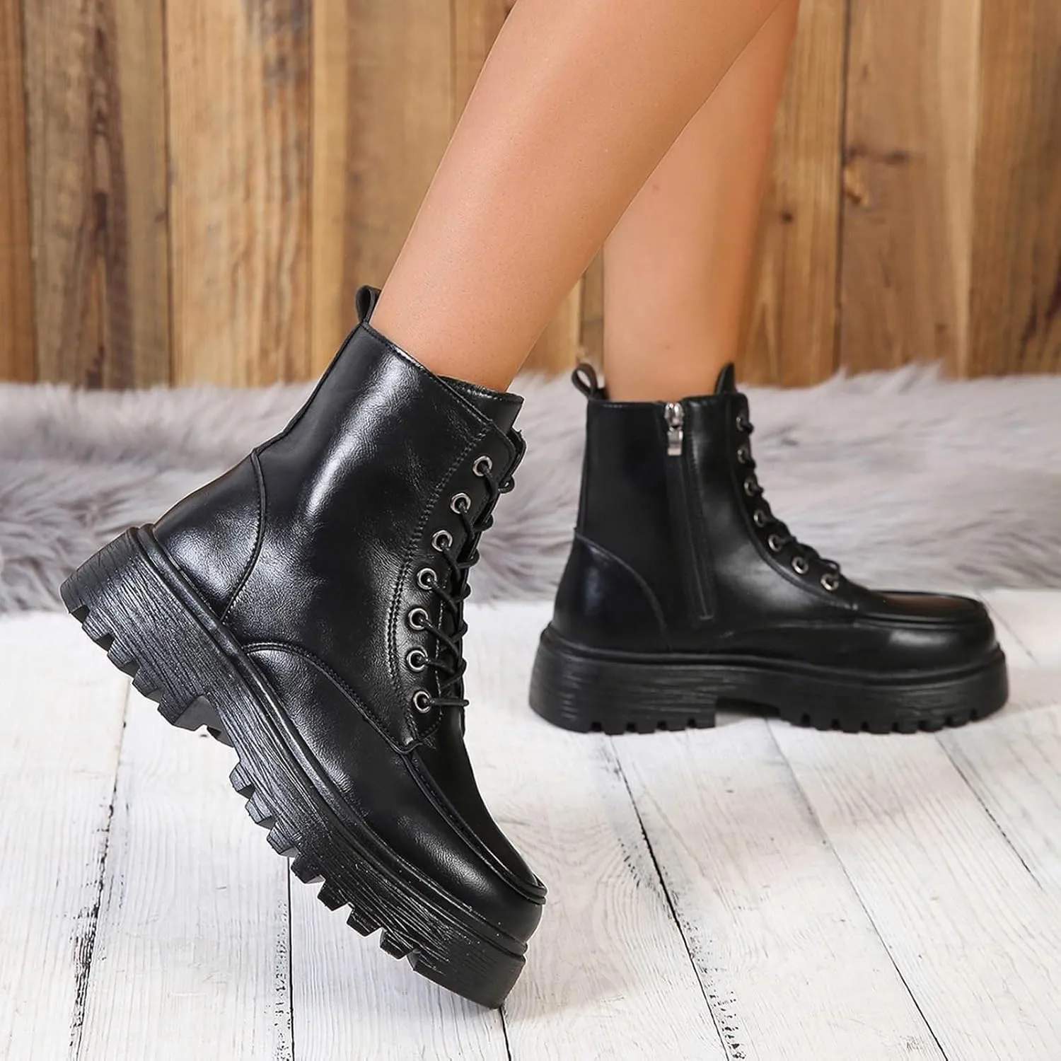 Cathalem Women's Combat Boots Ankle Boots Classic Low Heel Womens Motorcycle Boots Zippers Lace up Combat Booties for Women