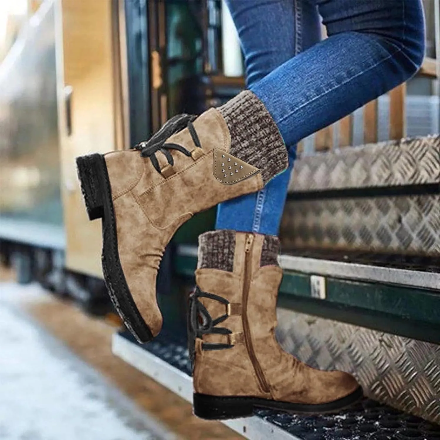 Cathalem Women's Snow Winter Boots Mid Calf Warm Faux Fur Lined Lace Up Anti-slip Outdoor Boots Women's Snow Boots