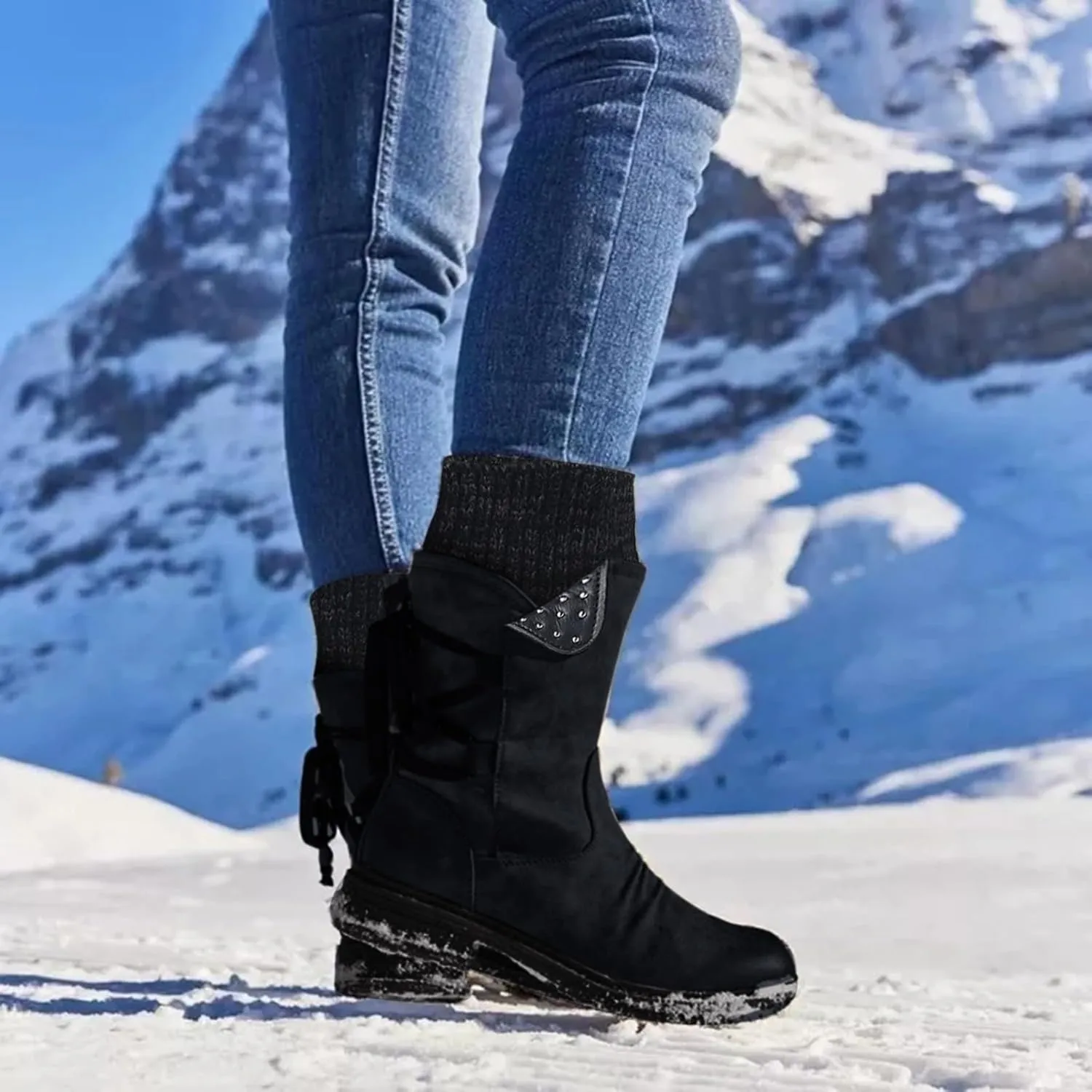 Cathalem Women's Snow Winter Boots Mid Calf Warm Faux Fur Lined Lace Up Anti-slip Outdoor Boots Women's Snow Boots