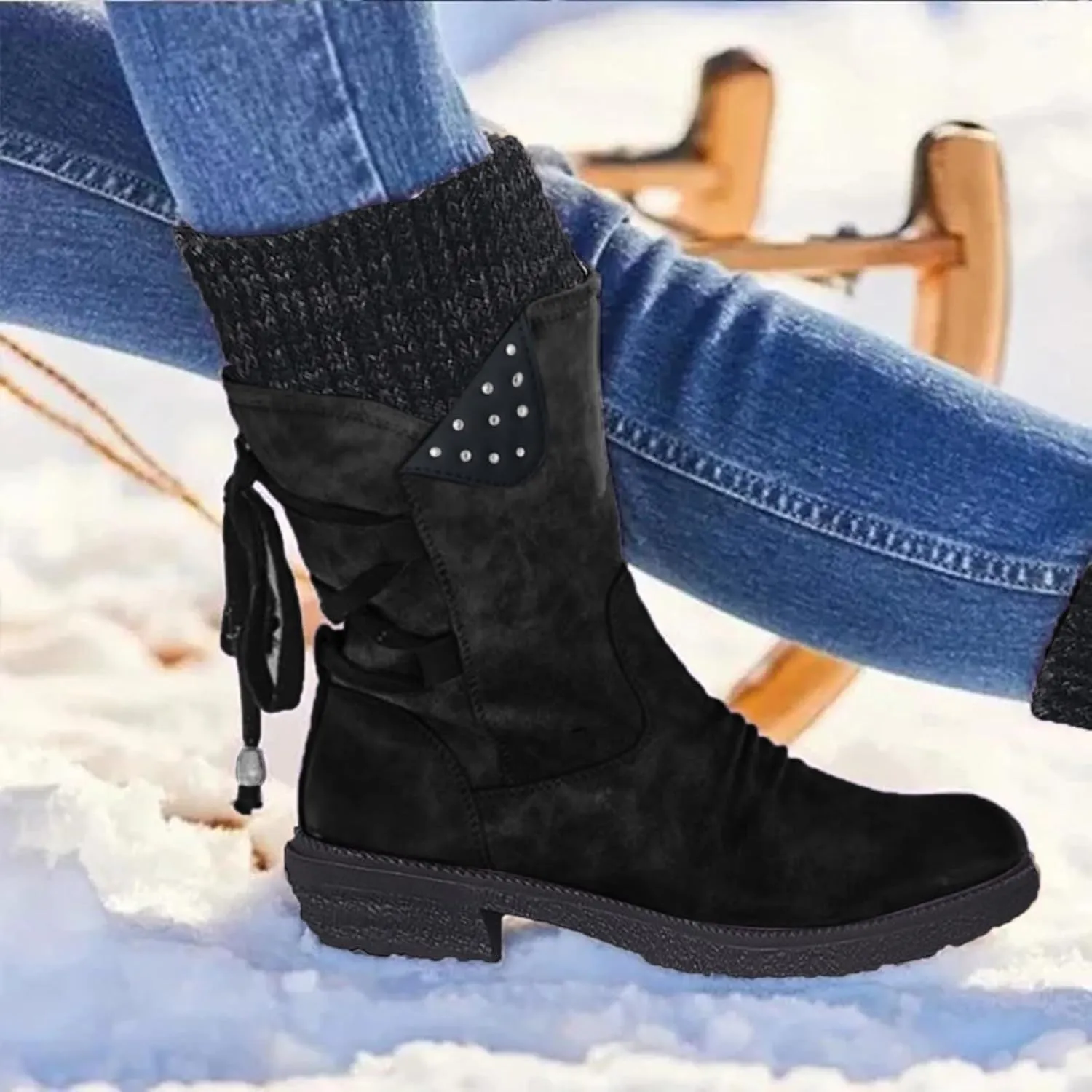 Cathalem Women's Snow Winter Boots Mid Calf Warm Faux Fur Lined Lace Up Anti-slip Outdoor Boots Women's Snow Boots