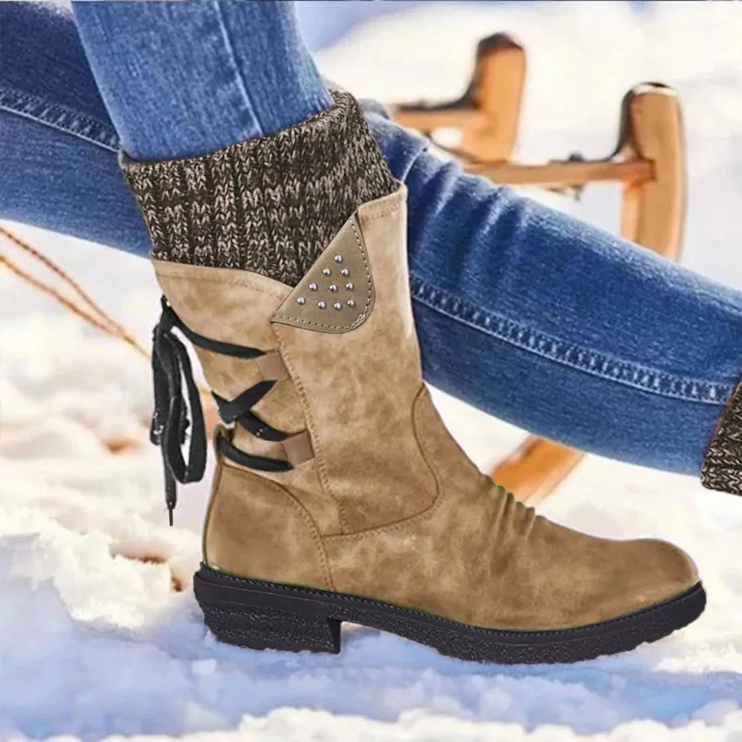 Cathalem Women's Snow Winter Boots Mid Calf Warm Faux Fur Lined Lace Up Anti-slip Outdoor Boots Women's Snow Boots