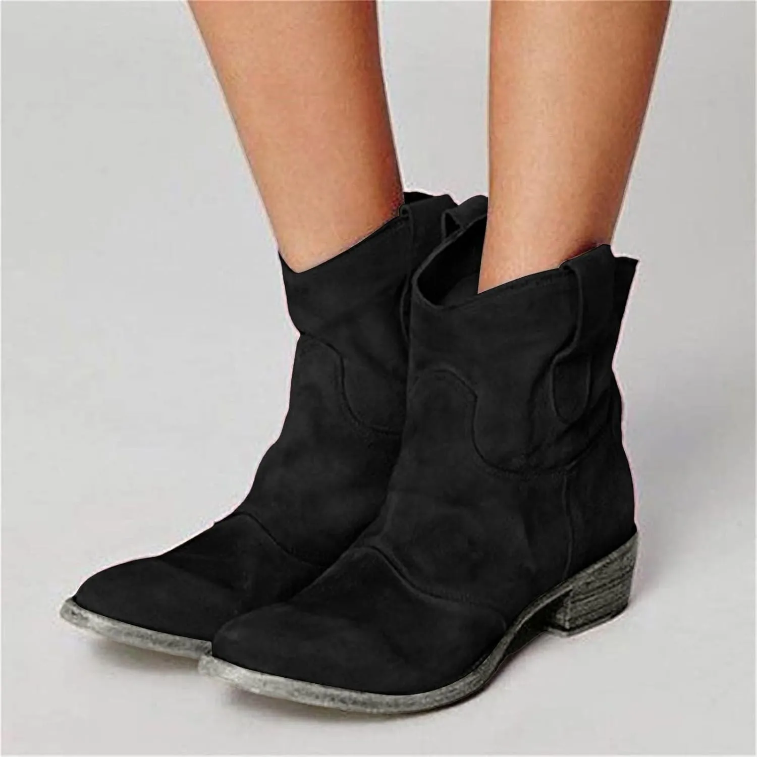 Cathalem Women's Western Cowboy Ankle Boots Low Heel Mid Calf Cowgirl Boots Slip On Round Toe Chunky Heel Fashion Retro Classic Boots Suede Back Zipper Fall Short Ankle Booties