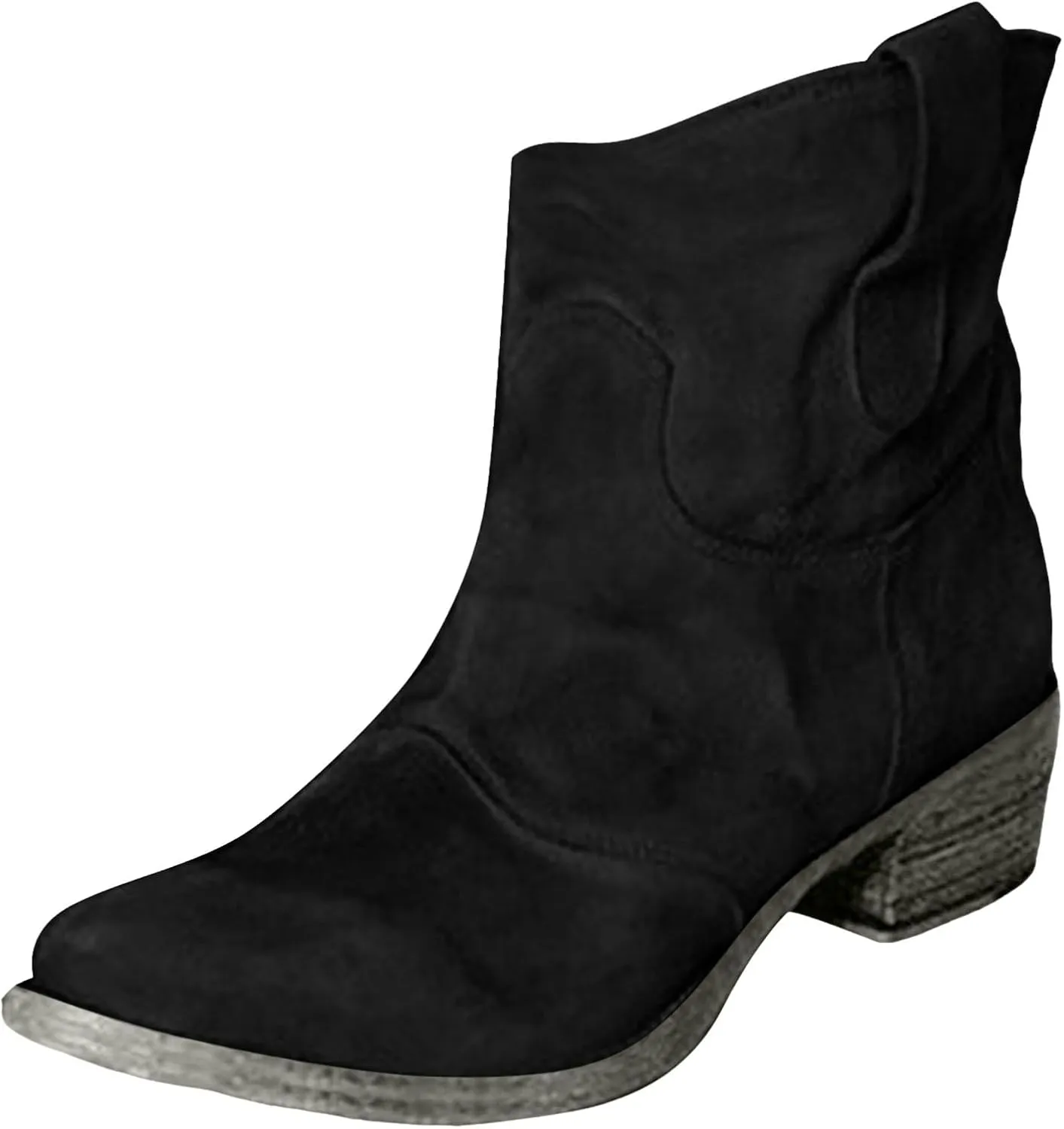 Cathalem Women's Western Cowboy Ankle Boots Low Heel Mid Calf Cowgirl Boots Slip On Round Toe Chunky Heel Fashion Retro Classic Boots Suede Back Zipper Fall Short Ankle Booties