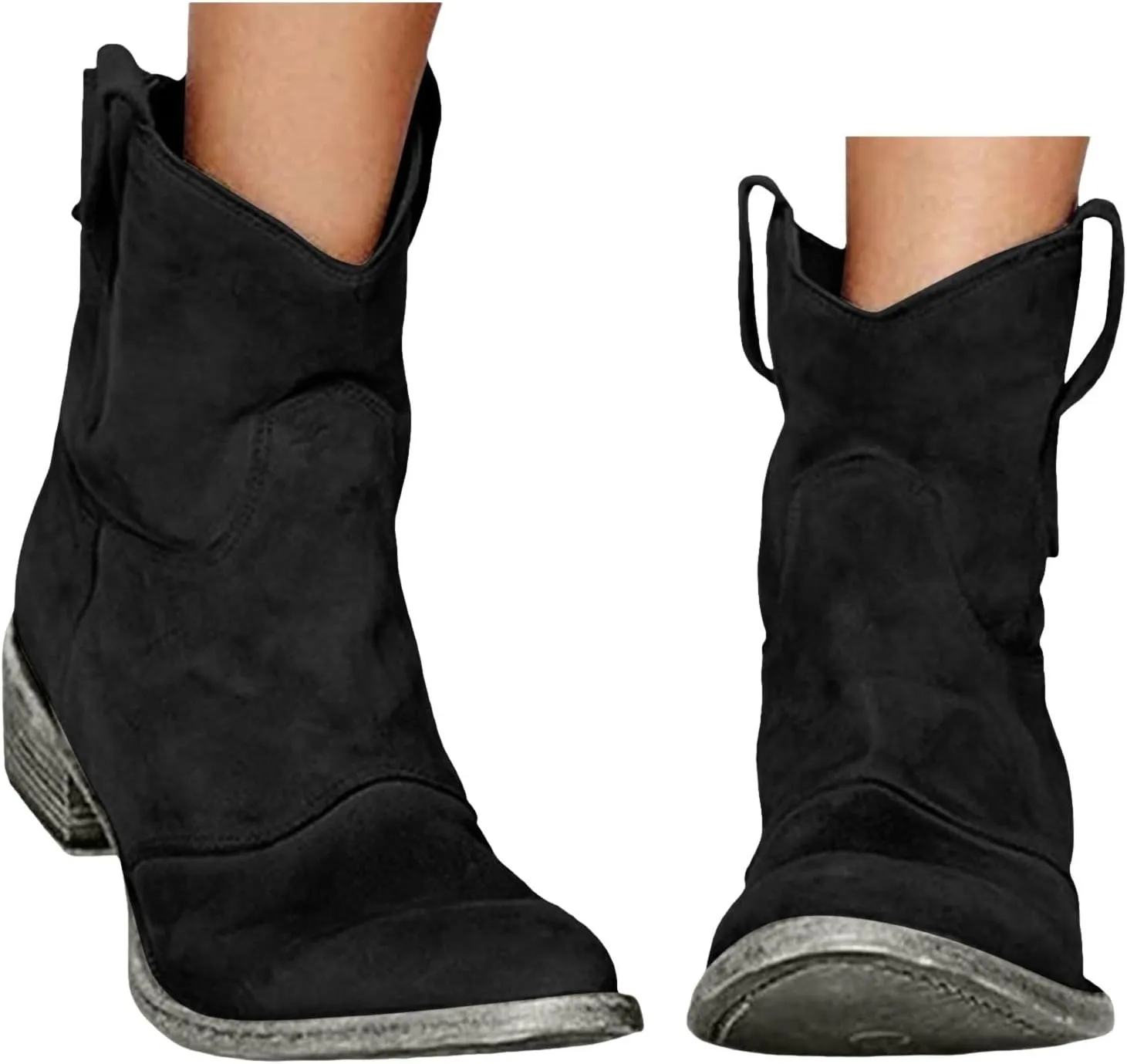 Cathalem Women's Western Cowboy Ankle Boots Low Heel Mid Calf Cowgirl Boots Slip On Round Toe Chunky Heel Fashion Retro Classic Boots Suede Back Zipper Fall Short Ankle Booties