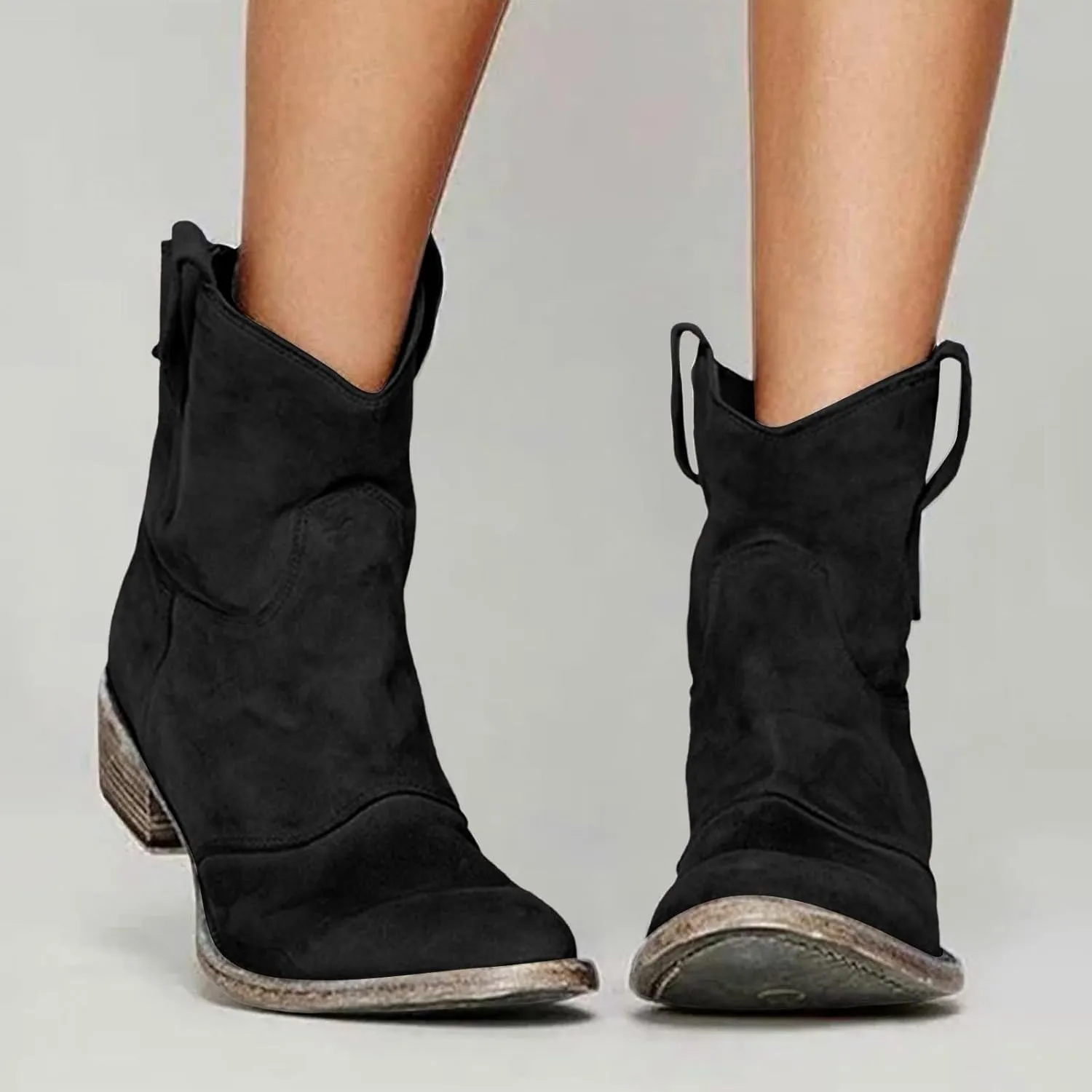 Cathalem Women's Western Cowboy Ankle Boots Low Heel Mid Calf Cowgirl Boots Slip On Round Toe Chunky Heel Fashion Retro Classic Boots Suede Back Zipper Fall Short Ankle Booties