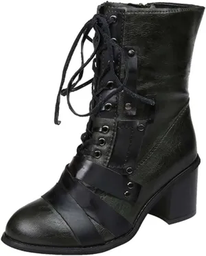Chunky Boots for Women Mid Calf Winter Vintage Pointed Toe Cross Lace Up Zipper Block Mid Heel Boots Retro Splicing Casual Ladies Shoes