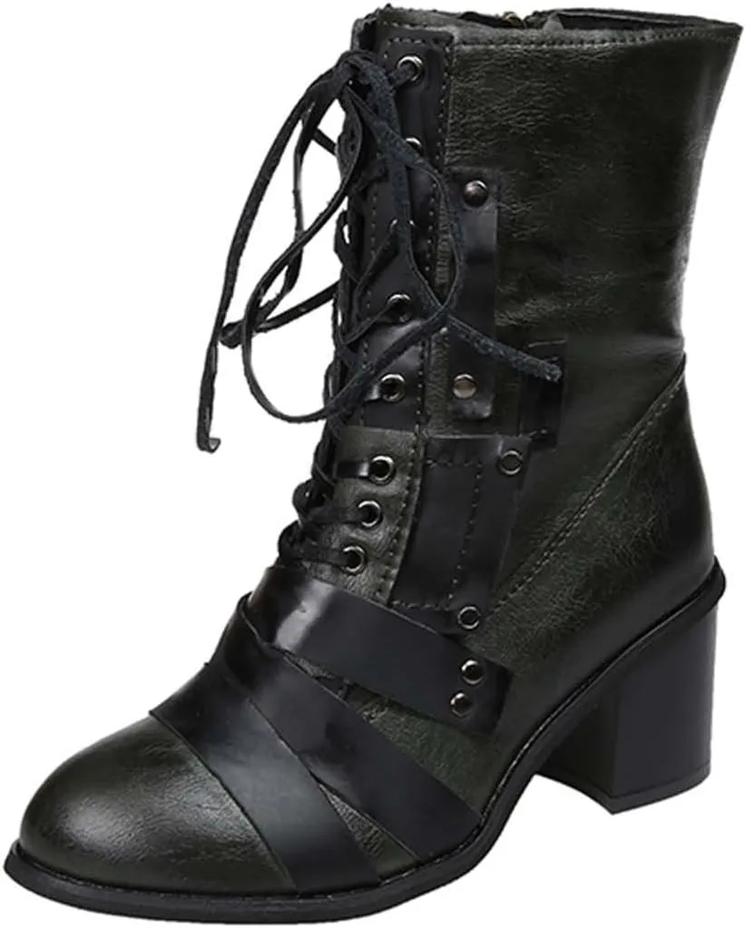 Chunky Boots for Women Mid Calf Winter Vintage Pointed Toe Cross Lace Up Zipper Block Mid Heel Boots Retro Splicing Casual Ladies Shoes