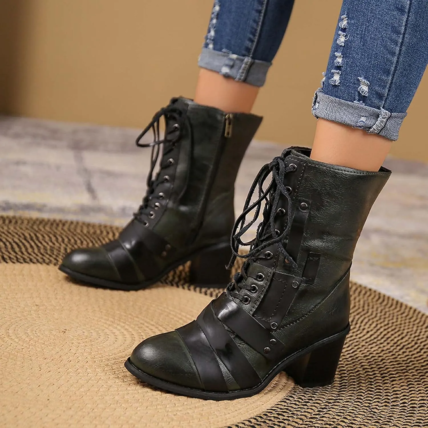 Chunky Boots for Women Mid Calf Winter Vintage Pointed Toe Cross Lace Up Zipper Block Mid Heel Boots Retro Splicing Casual Ladies Shoes