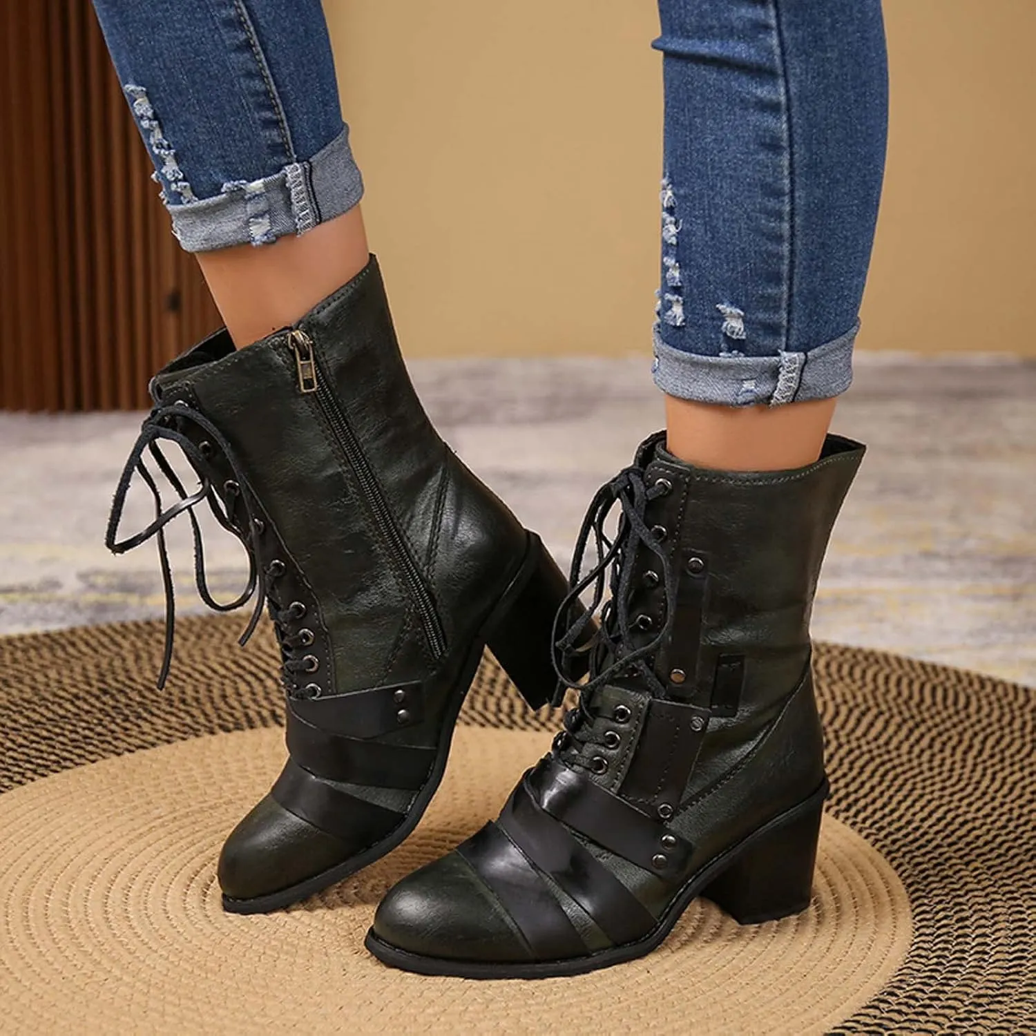 Chunky Boots for Women Mid Calf Winter Vintage Pointed Toe Cross Lace Up Zipper Block Mid Heel Boots Retro Splicing Casual Ladies Shoes