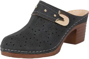 Clogs for Women Mules Slip-On Comfortable Closed Toe Wide Width Chunky Mid Heel Slippers Vintage Cutout Sandals Arch Support Outdoor Beach Slippers