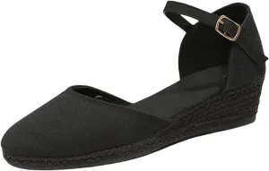 Closed Toe Sandals Women,Closed Wedges,Wedges Heels Espadrilles Wedge,Canvas Ankle Strap Shoes Platform Heel Buckle Dressy Wedge Heeled Ladies Comfortable Summer Beach Wedding
