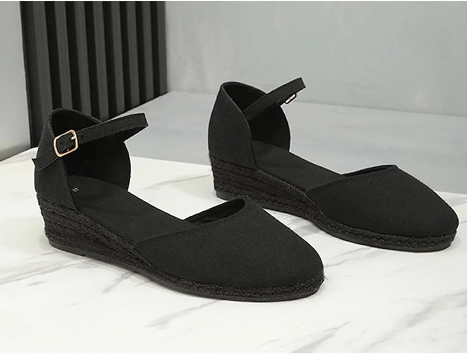 Closed Toe Sandals Women,Closed Wedges,Wedges Heels Espadrilles Wedge,Canvas Ankle Strap Shoes Platform Heel Buckle Dressy Wedge Heeled Ladies Comfortable Summer Beach Wedding