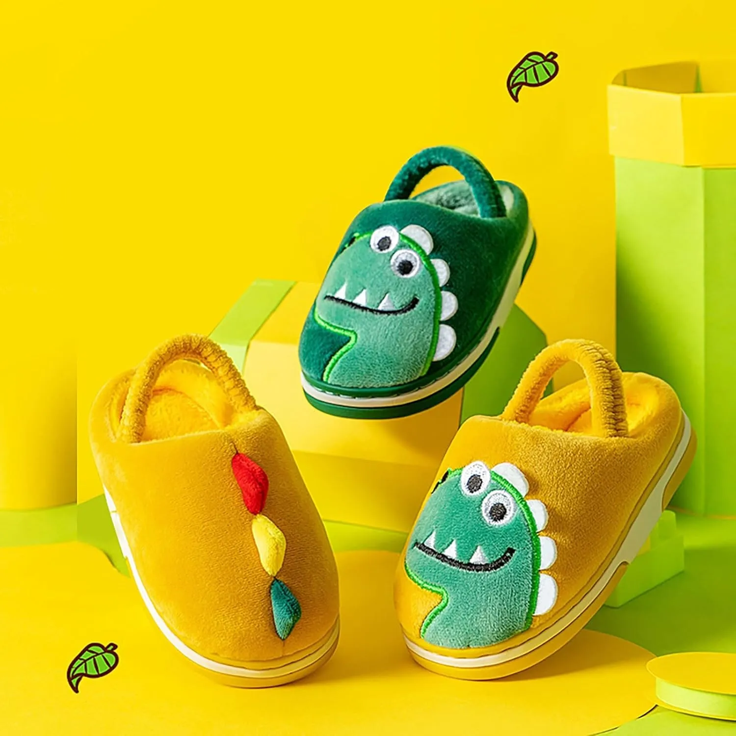 Cute Dinosaur Fuzzy Slippers for Boys Girls Kids Memory Foam Soft Sole Flat Shoes Toddler Cotton Cozy Indoor Slipper