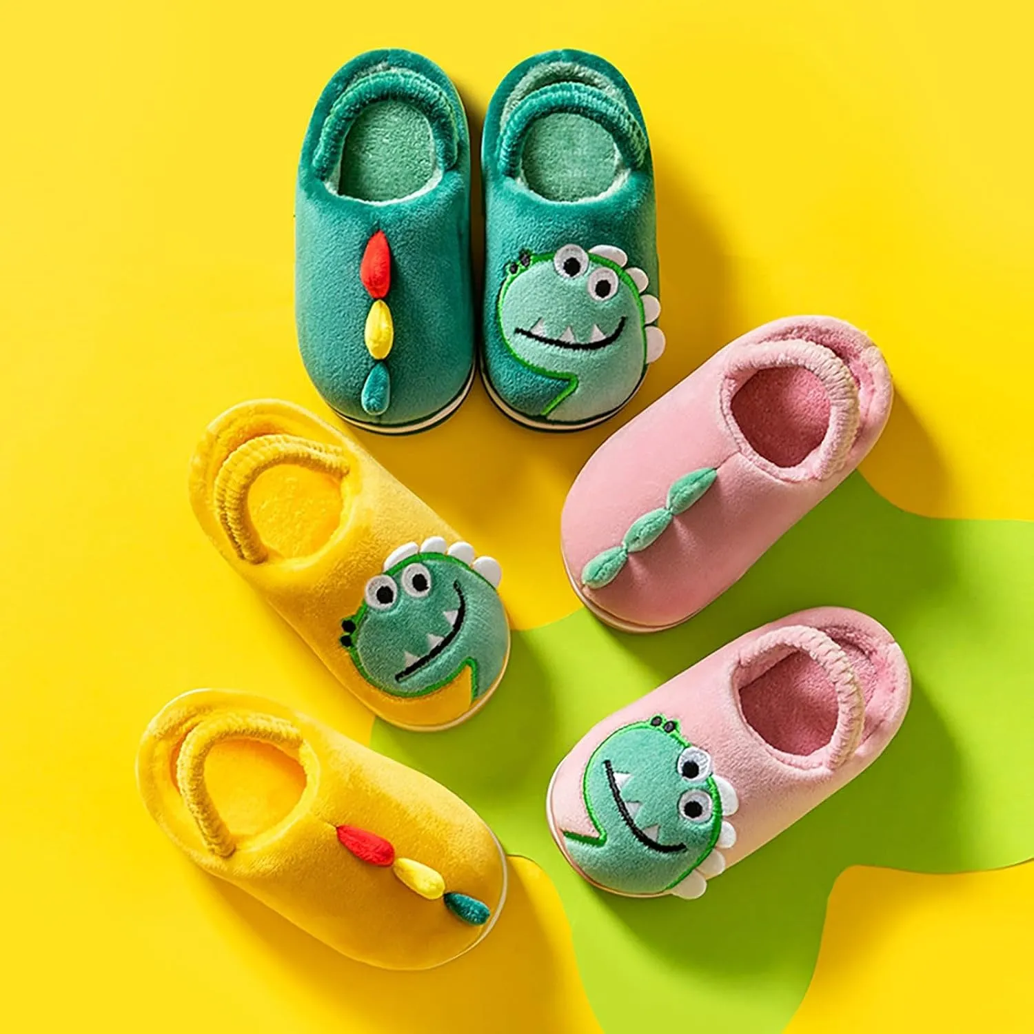 Cute Dinosaur Fuzzy Slippers for Boys Girls Kids Memory Foam Soft Sole Flat Shoes Toddler Cotton Cozy Indoor Slipper