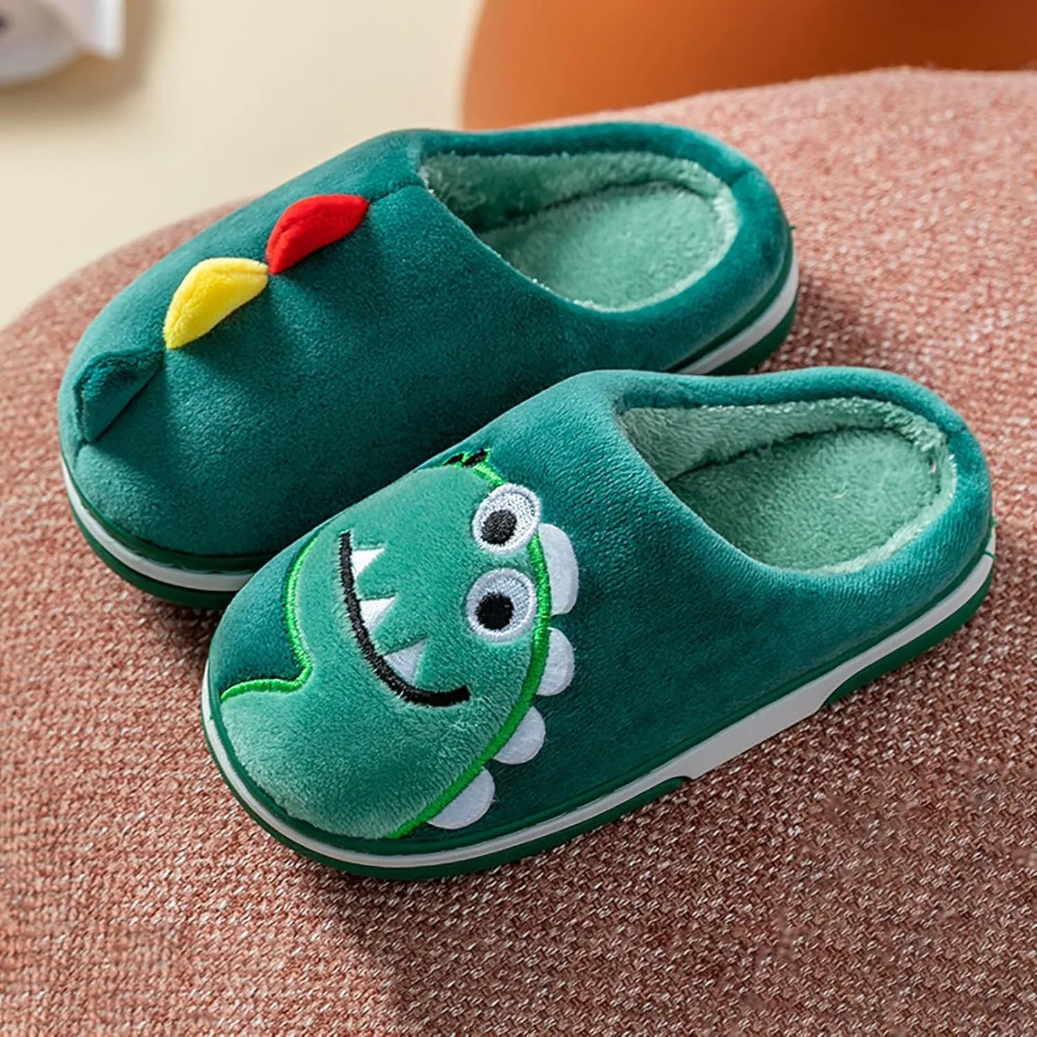 Cute Dinosaur Fuzzy Slippers for Boys Girls Kids Memory Foam Soft Sole Flat Shoes Toddler Cotton Cozy Indoor Slipper