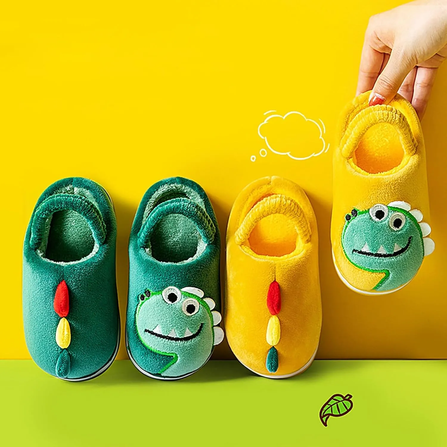 Cute Dinosaur Fuzzy Slippers for Boys Girls Kids Memory Foam Soft Sole Flat Shoes Toddler Cotton Cozy Indoor Slipper