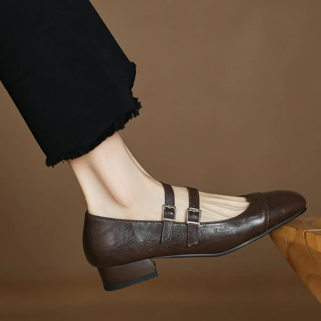 DINTAHA Chunky Low Heel Mary Janes Square Toe Pumps for Women Low Heel Dress Shoes
