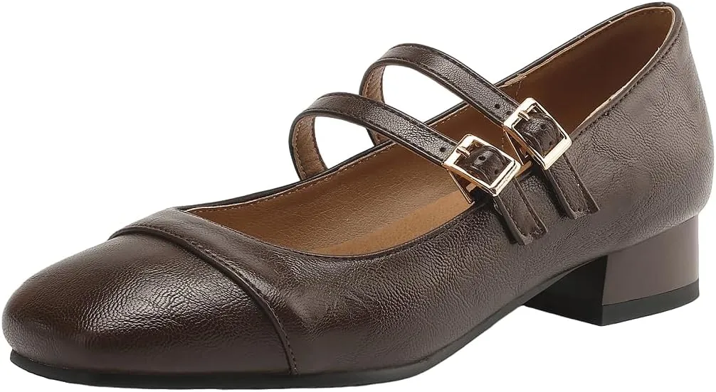 DINTAHA Chunky Low Heel Mary Janes Square Toe Pumps for Women Low Heel Dress Shoes