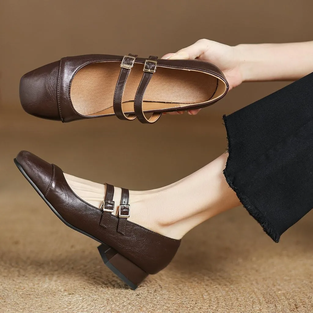 DINTAHA Chunky Low Heel Mary Janes Square Toe Pumps for Women Low Heel Dress Shoes