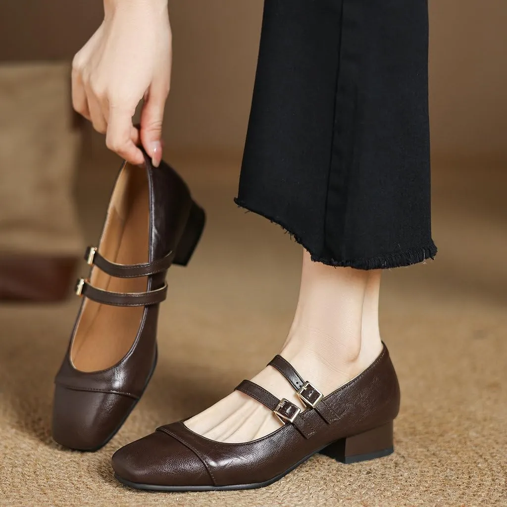 DINTAHA Chunky Low Heel Mary Janes Square Toe Pumps for Women Low Heel Dress Shoes