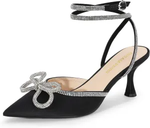 DREAM PAIRS Kitten Heels Rhinestone Bow Ankle Strap Stiletto Pointed Closed Toe Heels for Women Pumps Wedding Bridal Party Dress Shoes
