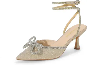 DREAM PAIRS Kitten Heels Rhinestone Bow Ankle Strap Stiletto Pointed Closed Toe Heels for Women Pumps Wedding Bridal Party Dress Shoes