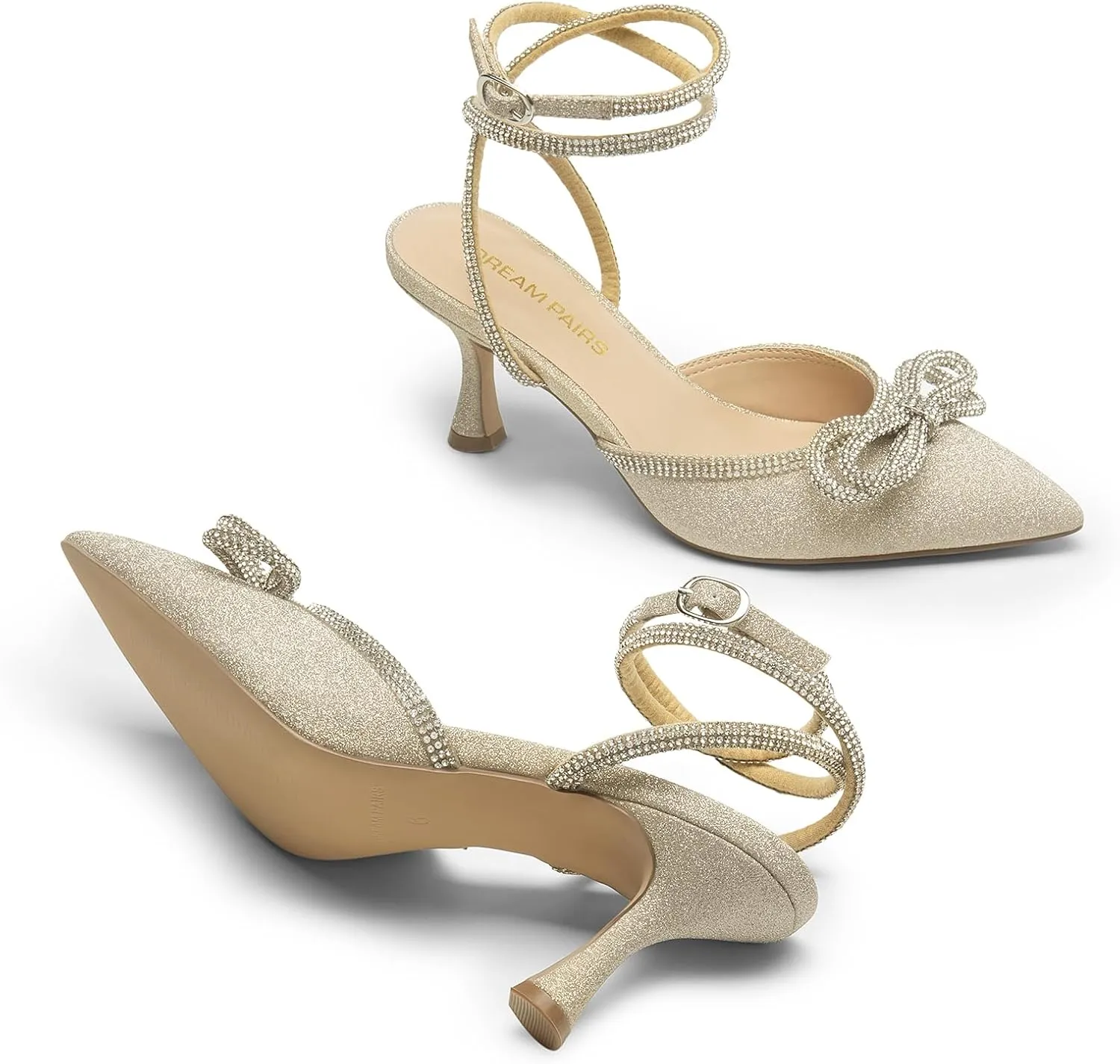 DREAM PAIRS Kitten Heels Rhinestone Bow Ankle Strap Stiletto Pointed Closed Toe Heels for Women Pumps Wedding Bridal Party Dress Shoes